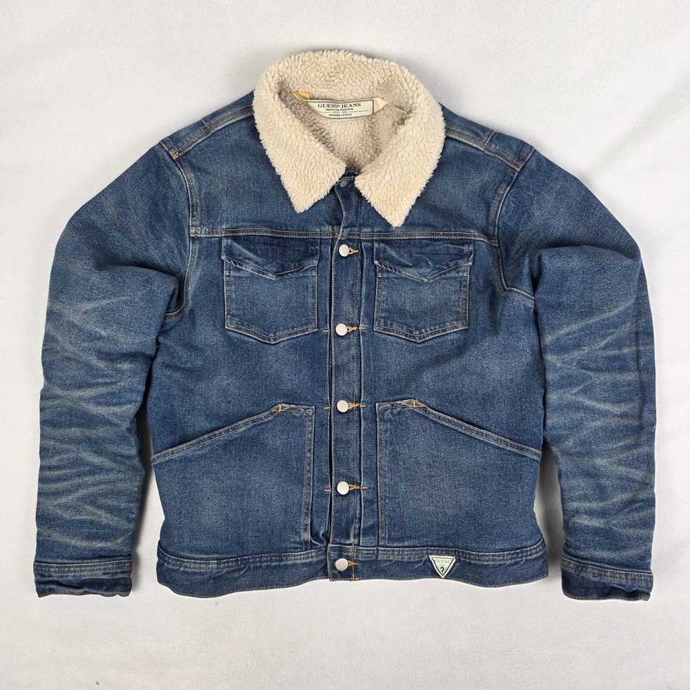 Guess Denim Jacket Mens Large Sherpa Lined Jean Fade Coat Warm Retro Style